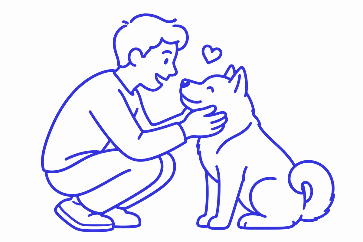 Illustration of an owner greeting his dog nose to nose